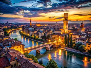 Obraz premium Verona Ponte Pietra Night View: Illuminated Bridge & Cityscape at Dusk