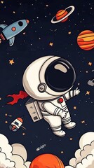 Fototapeta premium A whimsical astronaut floats in space surrounded by colorful planets and rockets, evoking a sense of adventure and exploration.