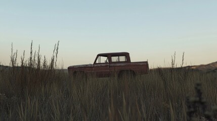 Fototapeta premium Rusty red pickup truck in tall grass field at sunset.