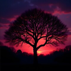 Obraz premium Glowing Ultraviolet Sunset Silhouette with Intricate Tree Branches
