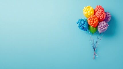 Colorful balloons float against a blue background