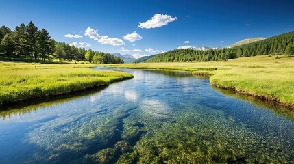 Obraz premium A crystal-clear river flowing through a peaceful meadow, the water reflecting the blue sky above.