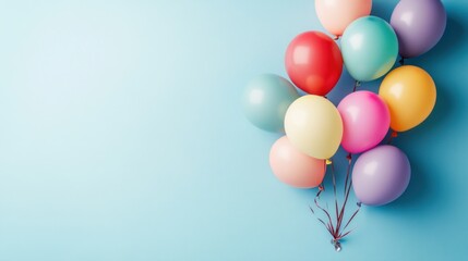 Pastel balloons float on blue background, celebration concept