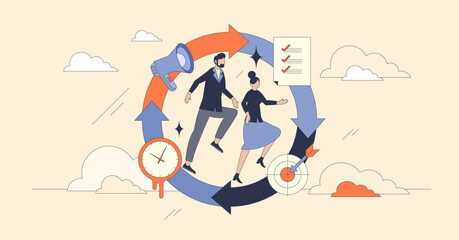 PDCA cycle depicted with people, arrows, and checklist, illustrating continuous improvement in Neubrutalism style.