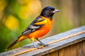 Vibrant Baltimore Oriole Perched on Wooden Deck Railing - Macro Photography