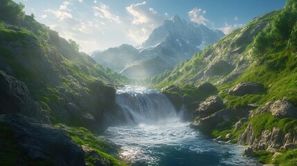 Fototapeta premium A river flowing swiftly down a mountain pass, its water sparkling in the sunlight.