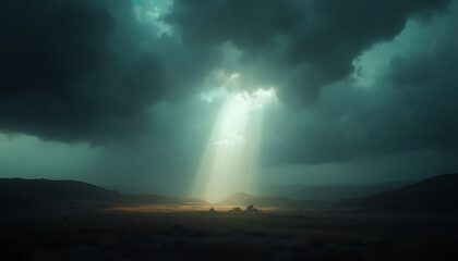 Dramatic landscape with light rays breaking through dark clouds over a quiet valley