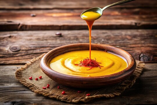 Dripping saffron sauce onto a warm terracotta plate against a rustic wooden background, saffron, earthy, dishware, wooden