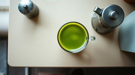 Top View of a Cup of Green Matcha Tea on a Beige Table with Stainless Steel Accessories