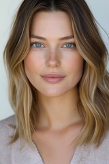 Naklejka premium A woman with blonde hair and blue eyes is smiling for the camera. She has a light pink lip color and her hair is styled in a bob. Concept of happiness and confidence