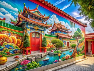 Obraz premium Vibrant Chinese Mural Pattaya - Asian Art Wall Painting, Stunning Thai Street Art Background