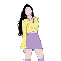 Stylized Artwork of Fashionable Woman in Yellow Blouse and Purple Skirt.
Illustrated artwork showcasing a fashionable woman in modern attire with vibrant, stylish colors.