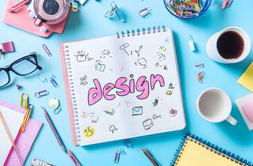 Fototapeta premium Creative Design Workspace: Flatlay of Notebook, Stationery, and Coffee