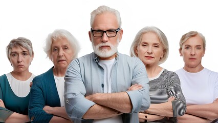 Obraz premium A group of angry elderly people with their arms crossed and stern expressions on their faces, expressing collective discontent. Frustration and frustration over a particular issue.