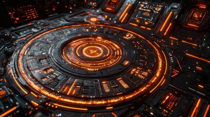 Fototapeta premium Futuristic Circular Technological Structure with Glowing Orange Energy Lines