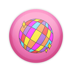 Glossy badge button with sparkling disco ball. Round plastic pin. Vector illustration
