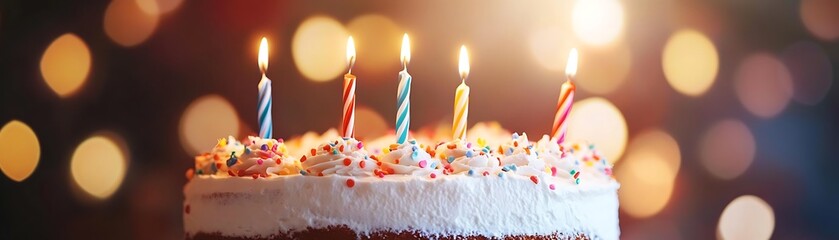 Birthday cake with lit candles and colorful sprinkles on top.