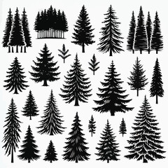 Black and white tree silhouettes including pine and fir trees, perfect for forest-themed designs, nature illustrations, winter holiday decorations, or rustic backgrounds for posters, flyers, or cards