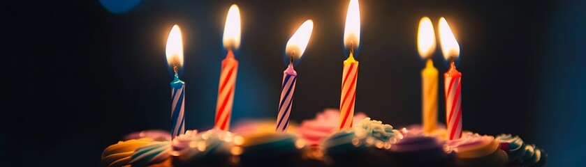 Six Birthday Candles Atop a Colorful Cake