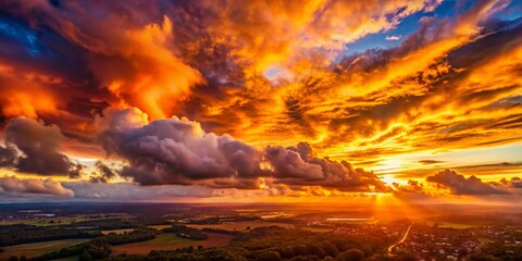 Fototapeta premium Aerial View of Vibrant Orange Sunset with Colorful Clouds - Stunning Nature Photography