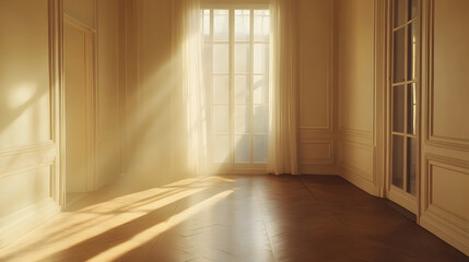 Obraz premium Cozy room bathed in golden sunlight, with minimalistic furniture and natural wooden tones.