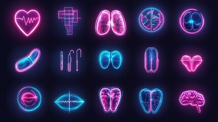 Futuristic glowing health care icons displayed in an innovative theme