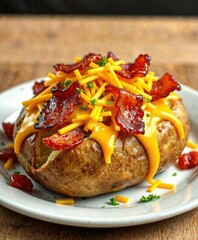 Crispy bacon and melted cheddar cheese atop a warm baked swiss potato, appetizing, toppings