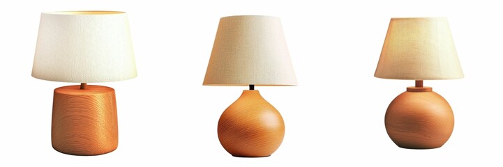 Eco friendly. Three uniquely designed lamps with textured shades on a white background.
