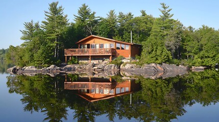 Obraz premium Lakeside Cabin Reflection, Forest, Calm Waters, Vacation Rental