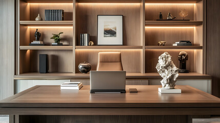 Modern wooden desk with stylish decor and ambient lighting for a productive and elegant workspace.