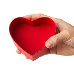 Fototapeta premium Hand holding red heart shaped empty gift box isolated in hand