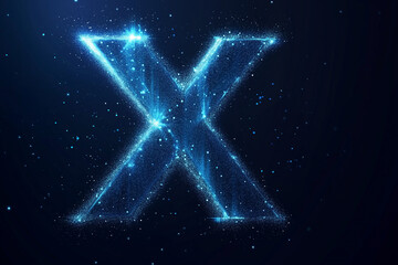 Blue vector glowing X symbol made of stars on a dark blue background