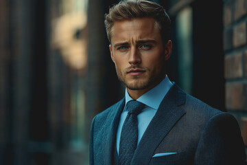 Fototapeta premium Man in formal suit and tie standing confidently in front of a textured brick wall looking directly at the camera with a serious expression on his face
