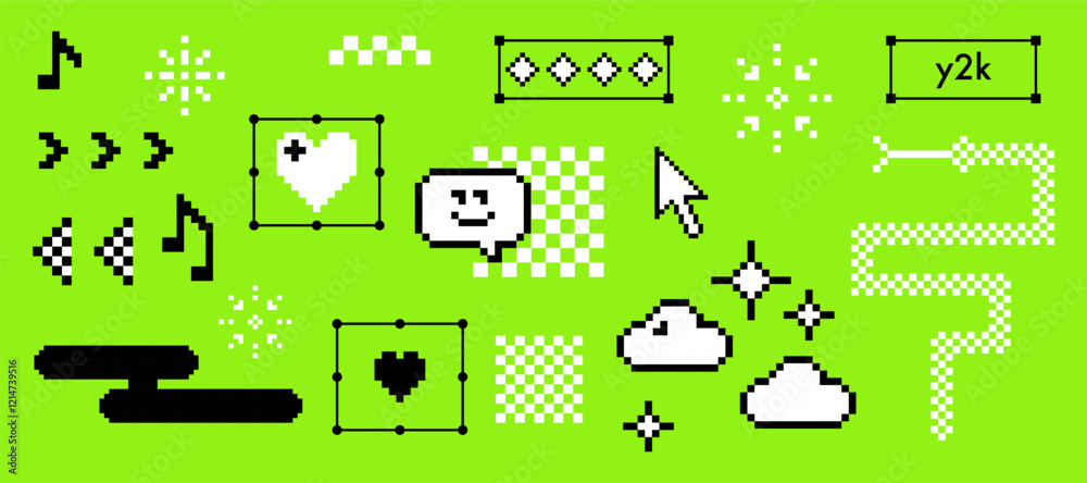 Fototapete pixel icons set. y2k trendy stickers. mood of 90s aesthetics. 8 bit retro style vector illustration.