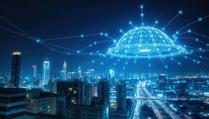 Futuristic Digital Cloud Network Over Illuminated City at Night