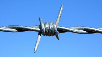 Barbed wire fence against a blue sky