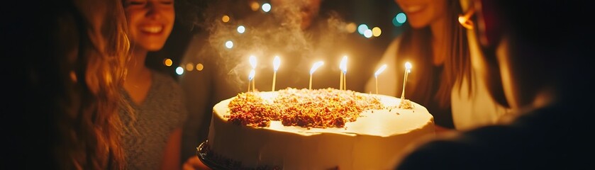 Birthday Cake With Candles Lit Up in the Dark