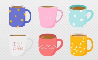 Set of coffee mugs. Vector illustration in a flat style. Isolated on a transparent background.