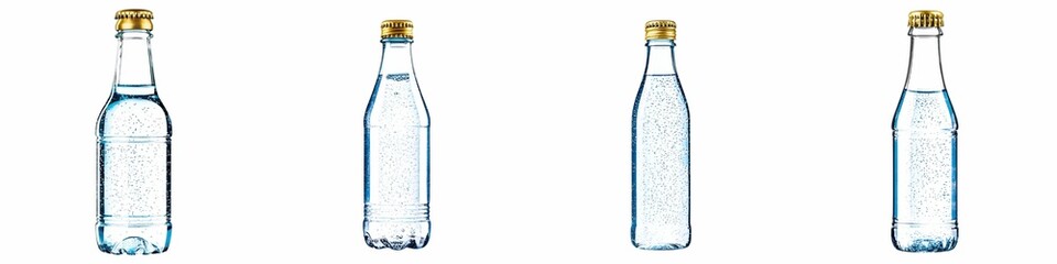 Eco friendly. Four glass bottles with clear liquid and golden caps on a white background.