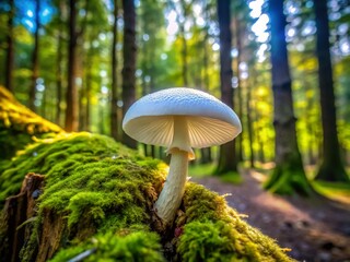 Fototapeta premium Aerial View: White Mushroom Growing on Decaying Tree Trunk in Forest