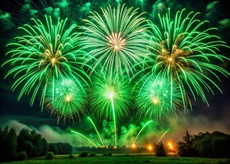 Fototapeta premium Vibrant Green Fireworks Exploding in Night Sky with Smoke Trails - Rule of Thirds Composition