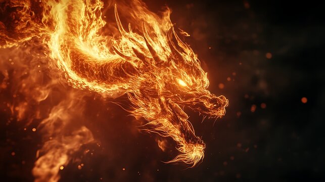 Chinese dragon illuminated by flames its form menacing and full of fiery energy against a dark backdrop