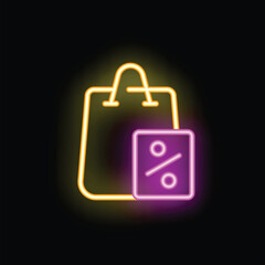 Neon shopping bag with discount tag glowing on black background, concept of sales and promotions