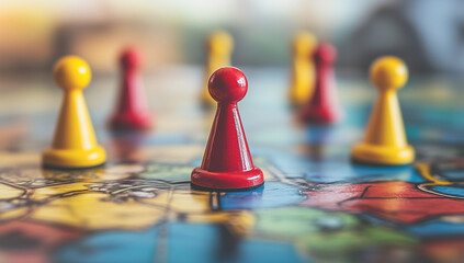 Close-up of board game pieces with red and yellow push pins, representing strategic layers on the map