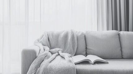 Tranquil Moments in Minimal Living Room - Captivating Image of Introvert Reading Poetry on Couch, City Sounds in Background