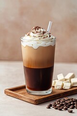 Iced white chocolate macchiato beverage. Refreshing summer drink in tall glass. Creamy white whipped topping with chocolate shavings. Cold coffee with visible layered design. Fresh roasted coffee