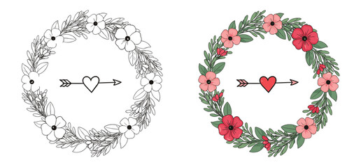 A Floral wreath with hearts and arrows vector illustration