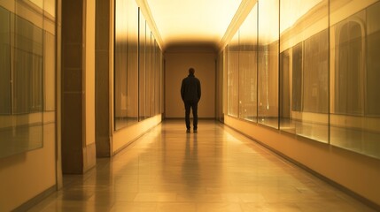 Fototapeta premium Contemplative Moment: Lonely Figure in Museum Corridor at Night, Leaning on Glass Display Case, Cinematic Ultra-Detailed Image of Introvert Stock Photo Concept
