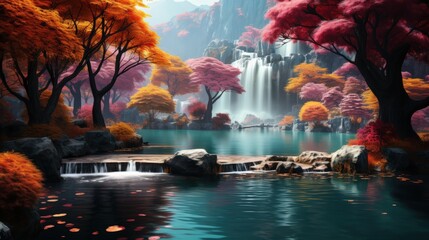 Enchanting Autumn Waterfall Landscape with Vibrant Foliage and Tranquil Waters in a Dreamlike Fantasy Setting
