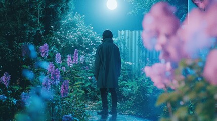 Fototapeta premium Serene Night Reflections: Person in Warm Coat Standing by Tall Flowers in Moonlit Garden | Ultra-Detailed Cinematic Image of Introvert